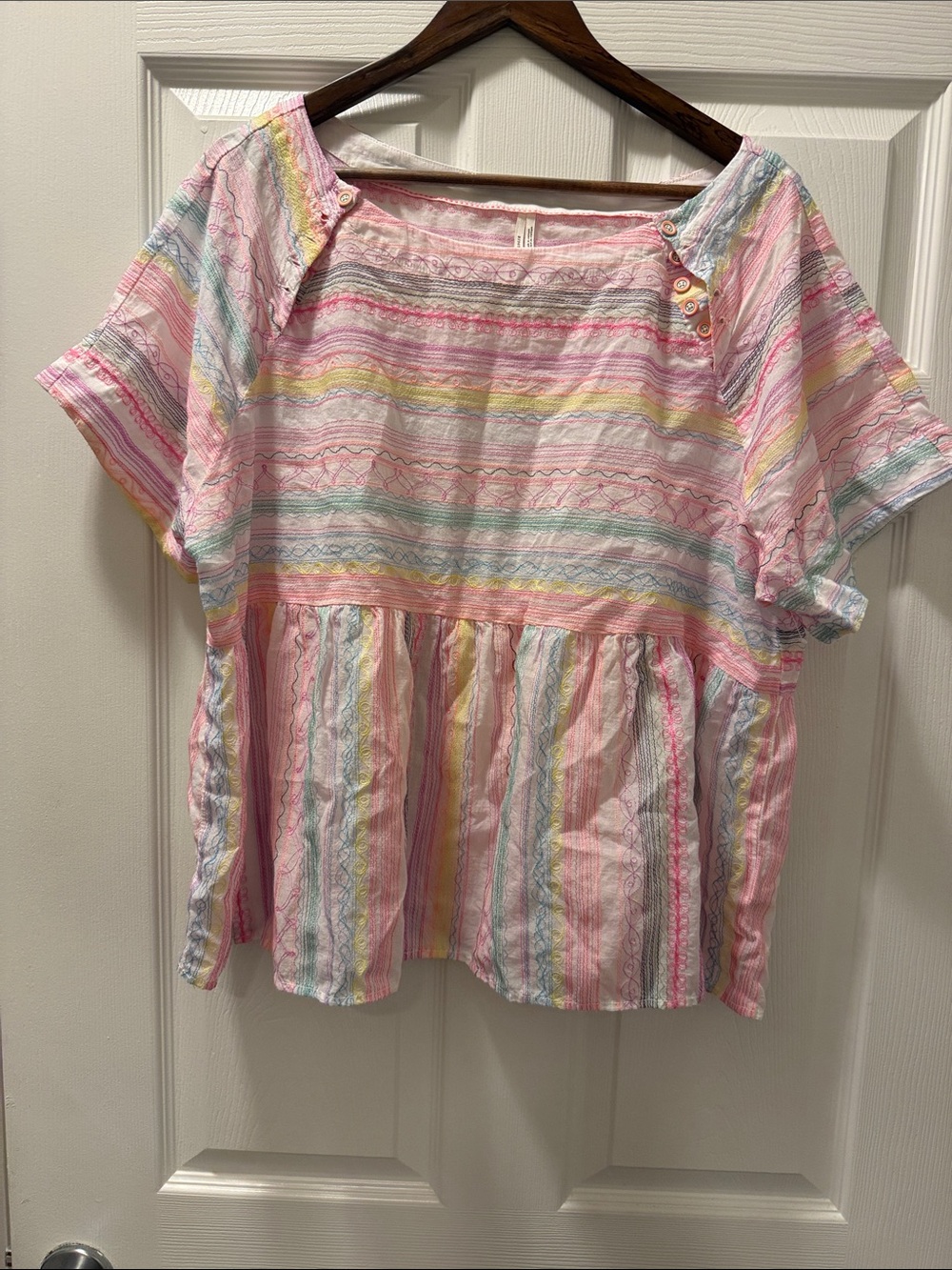 Anthropologie White Cotton Rainbow Embroidered Striped Top EUC XL
